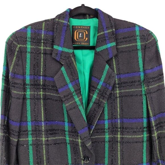 Vtg Ellen Tracy 90's Clueless Wool Sparkle Plaid Boxy Boyfriend Blazer Blue Sz 4 - Picture 5 of 10